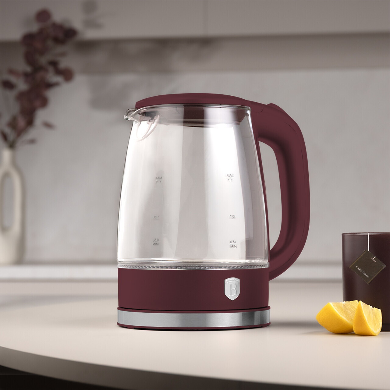 Ceainic electric Berlinger Haus, Leonardo, 1.7 L, sticla borosilicata, visiniu mat/transparent - imagine 7